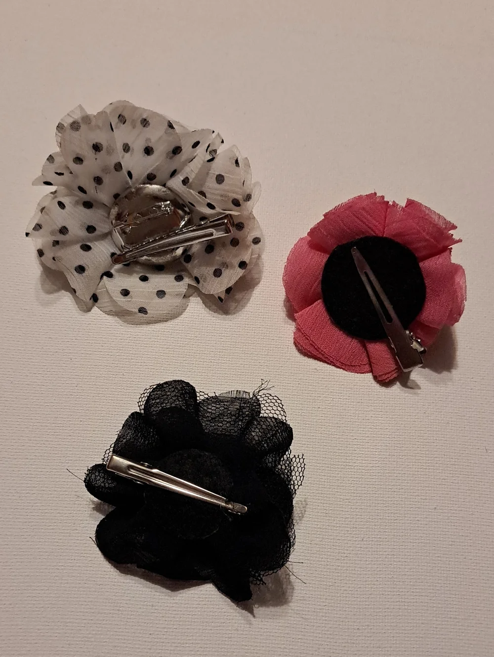 Set Of 3 Kids Floral Fabric Hair Clips - Pink, Black, White Polka Dot